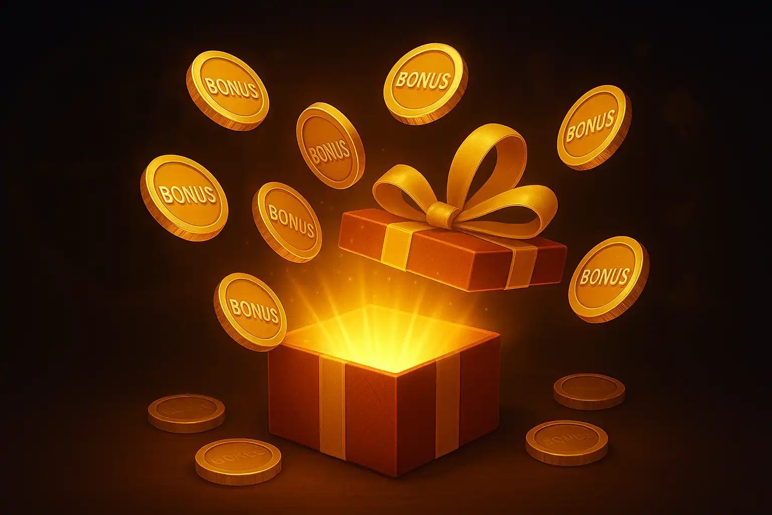Golden bonus coins and a welcome gift box glowing on a dark casino background