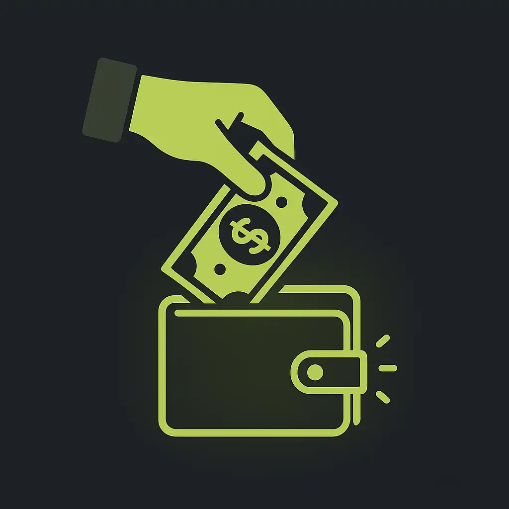 Illustration d'une main déposant de l'argent dans un portefeuille numérique lumineux